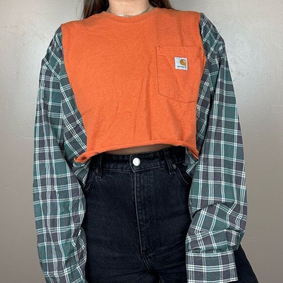 Reworked Carhartt Cropped Long Sleeve Orange Plaid Relaxed Streetwear Shirt Top - Picture 4 of 4